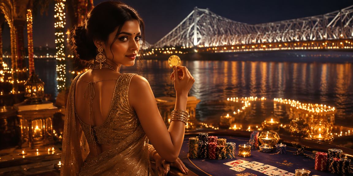 Kolkata Howrah Bridge with festive background playing poker game